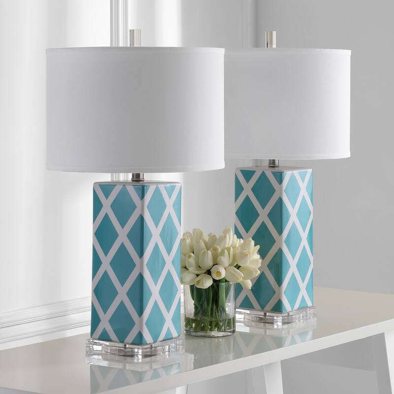 SAFAVIEH Lighting Cami 27-inch Navy Garden Lattice Table Lamp (Set of 2) - 15"x15"x27" - 15Wx15Dx27H - Light Blue