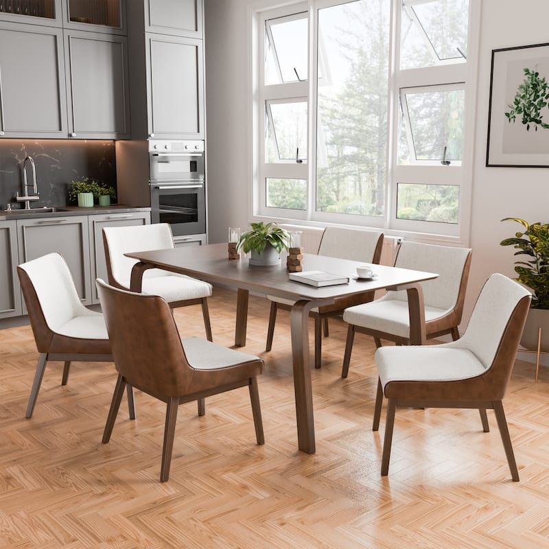 Furniture of America Beau I Mid-century Walnut 7-Piece Rectangle Dining Table Set - Walnut/Beige