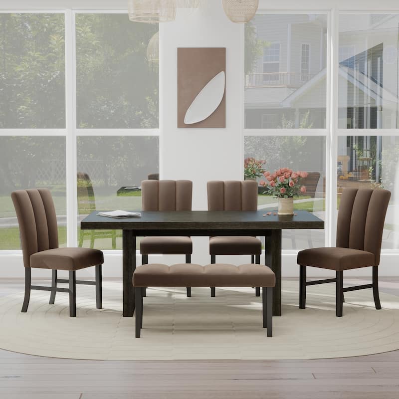 Roundhill Furniture Madison 6-Piece Dining Set, Slat-Fluted Dining Table with 4 Chairs and a Bench, Chocolate