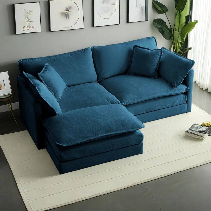 3-Piece Modular Chenille Upholstered L-Shaped Sectional Sofa with Ottoman - Blue