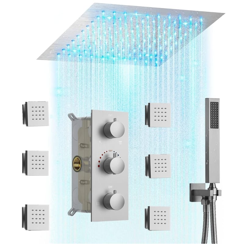 Thermostatic Rainfall Shower System,12 Inch 64-Color LED Mood Lighting Shower Faucet Set with 6 Body Jets - Brushed Nickel