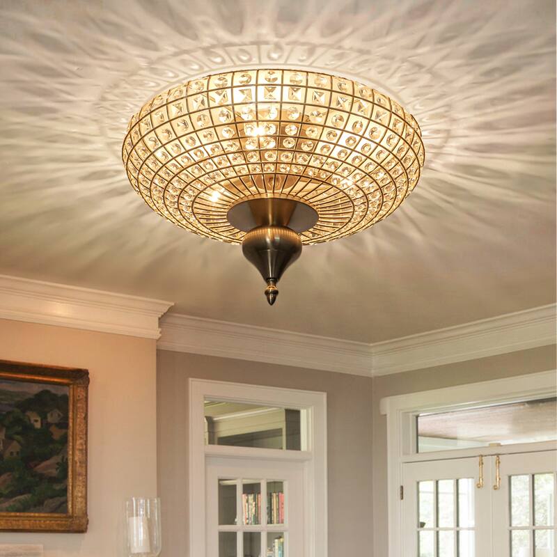 Retro French 3-Light Antique Brass Crystal Flush Mount Ceiling Light