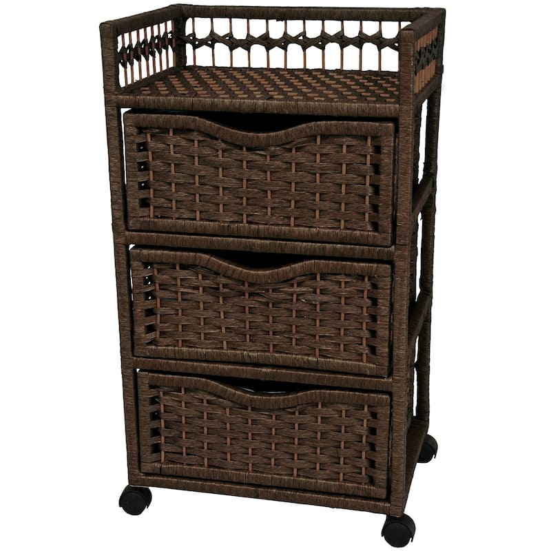 Handmade Natural Fiber Wheeled 3-Drawer Chest - 17.25"W x 12.50"D x 30.50"H - Brown - Rustic/Farmhouse