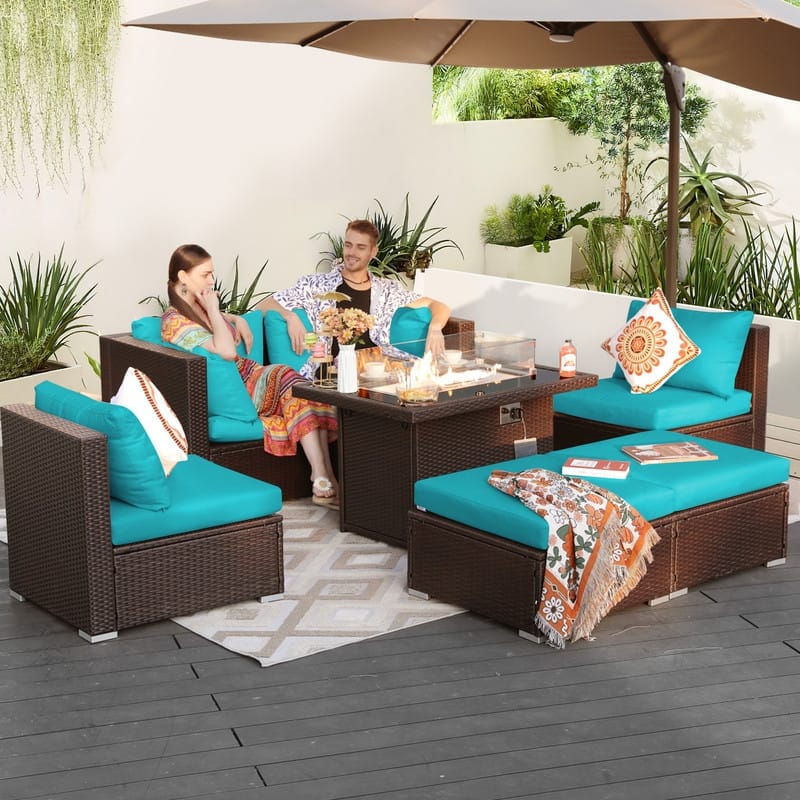 FINCATI Outdoor Wicker Patio Furniture Conversation Sectional Sofa Set - 7PCS-B - Teal