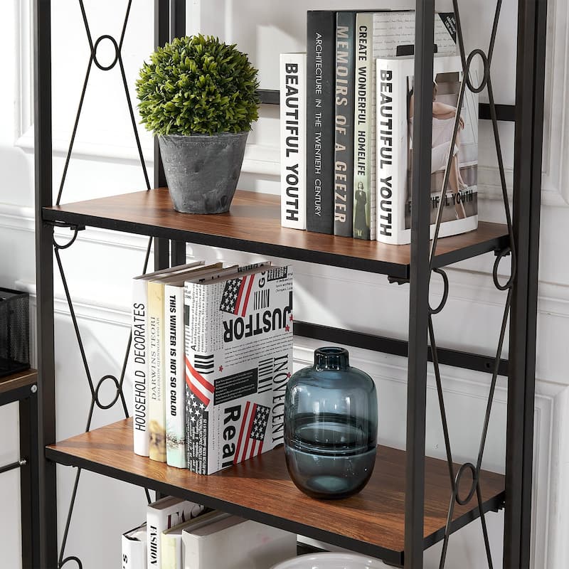 VECELO Bookshelf, 5 Shelf Folding Bookcase No Assembly, Industrial Metal Frame Shelves Rack Organizer for Living Room, Office