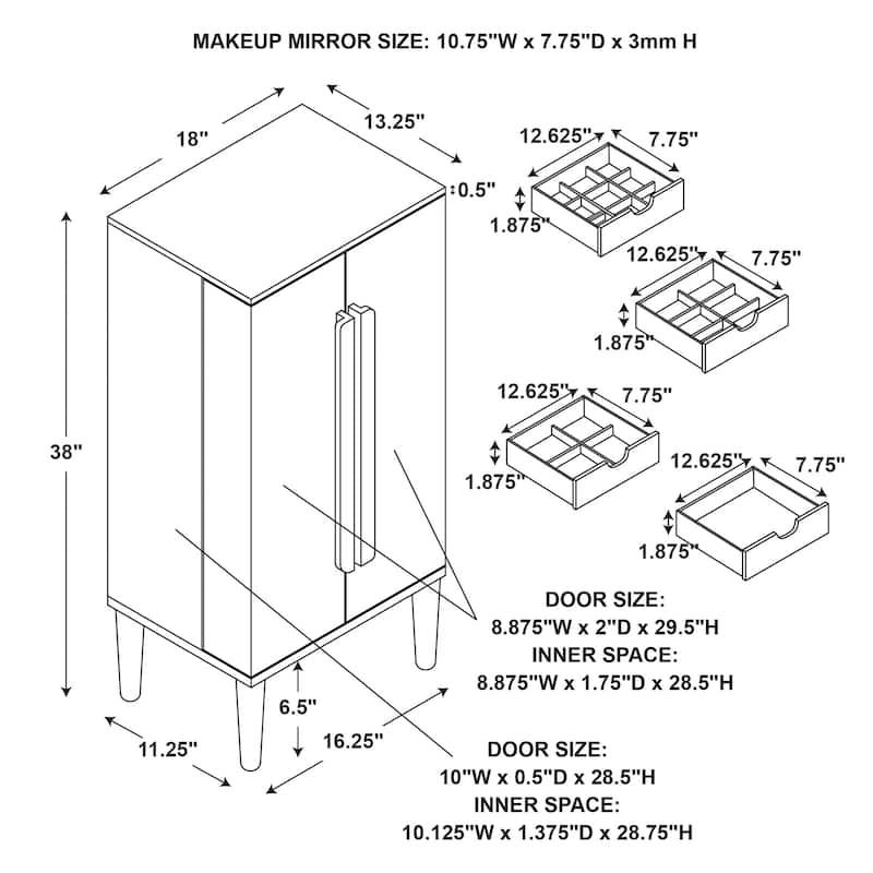 Solid Jewelry Armoire on Tapered Legs - 38" - Brown