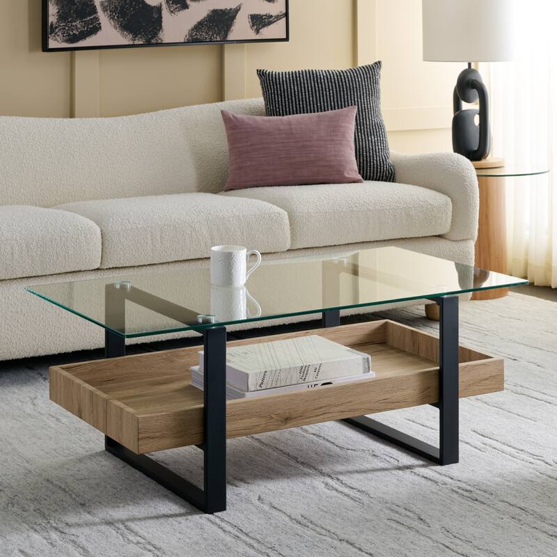 SAFAVIEH Home Auberon Coffee Table - 43"W x 24"D x 24"H - Glass/Natural