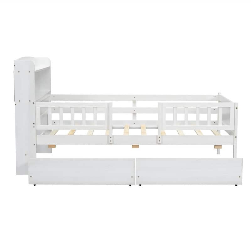 Wood Twin Size Platform Bed with Built-in LED Light and Storage Headboard, Modern Bedframe with Guardrail and 2 Drawers