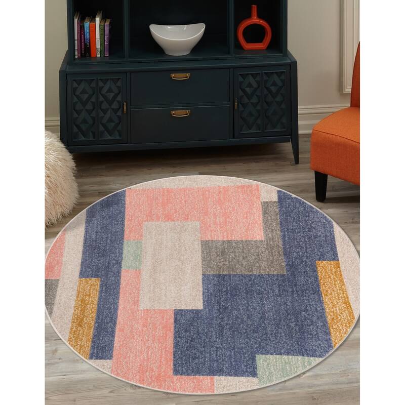 Contemporary Heloise Collection Area Rug - 7' Round - Multi-Blue