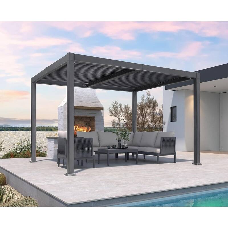 PURPLE LEAF Solar Louvered Pergola with LED String Lights Aluminum Outdoor Pergola with Adjustable Roof for Patio Garden - 10' x 12' - Grey