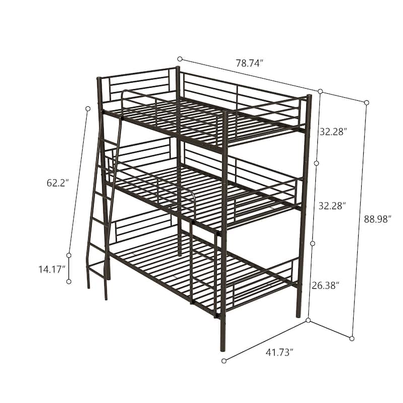 Triple Twin Metal Bunk Bed with Guardrails and Ladders, Convertible Design, Detachable into Three Separate Beds
