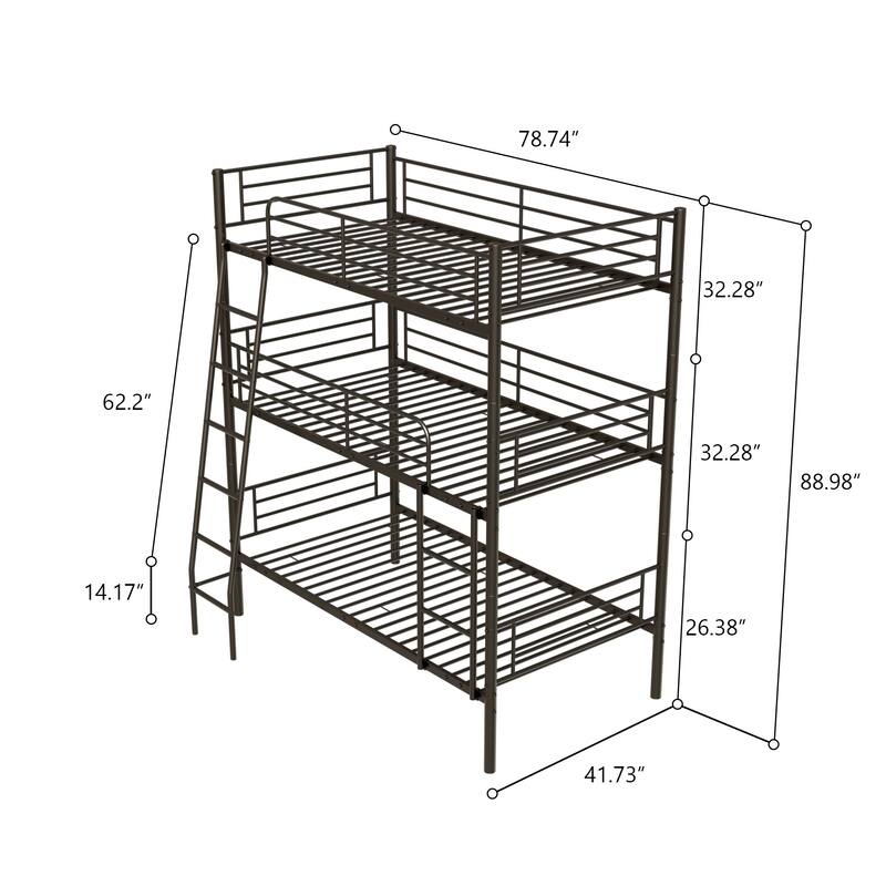 Twin Size Triple Bunk Bed with Two Ladders and Guardrails, Heavy Duty Metal Triple Bunk Bed Frame, Convertible into 3 Beds