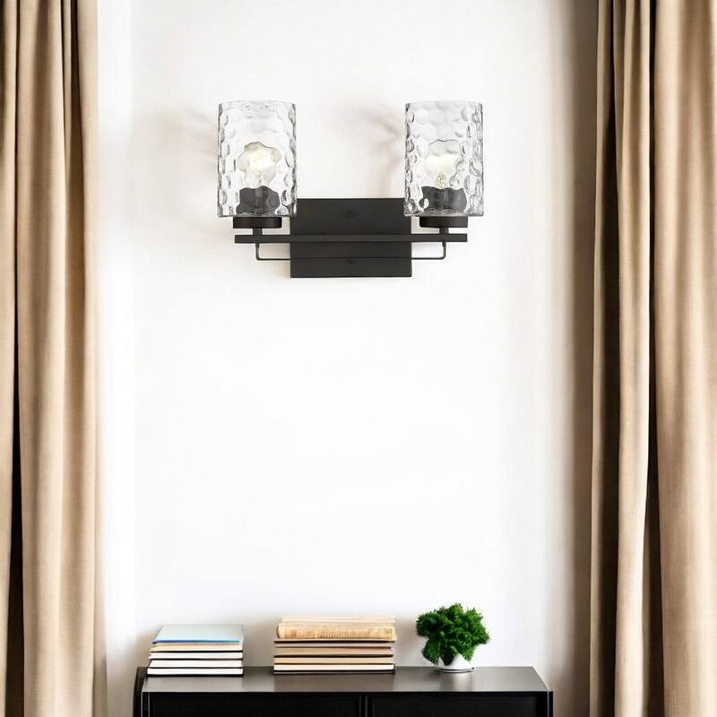 Hardwired Double Light Wall Sconce with Dimmable Steel Fixture and Clear Glass for Bathroom or Hallway - 10" H x 15" W x 6" D