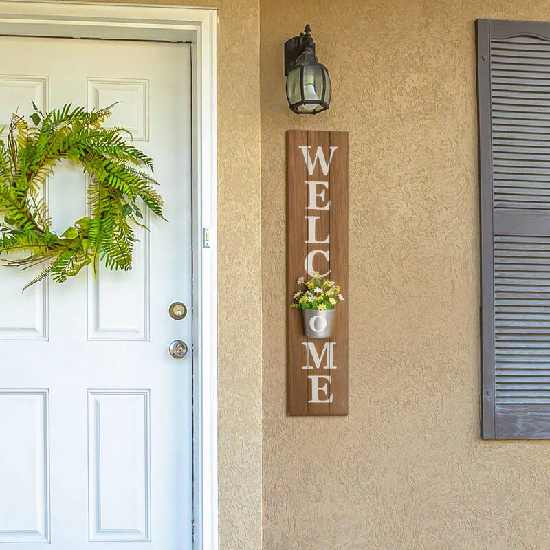 Glitzhome 42-inch Wooden Welcome Porch Sign Wall Decor with Metal Planter