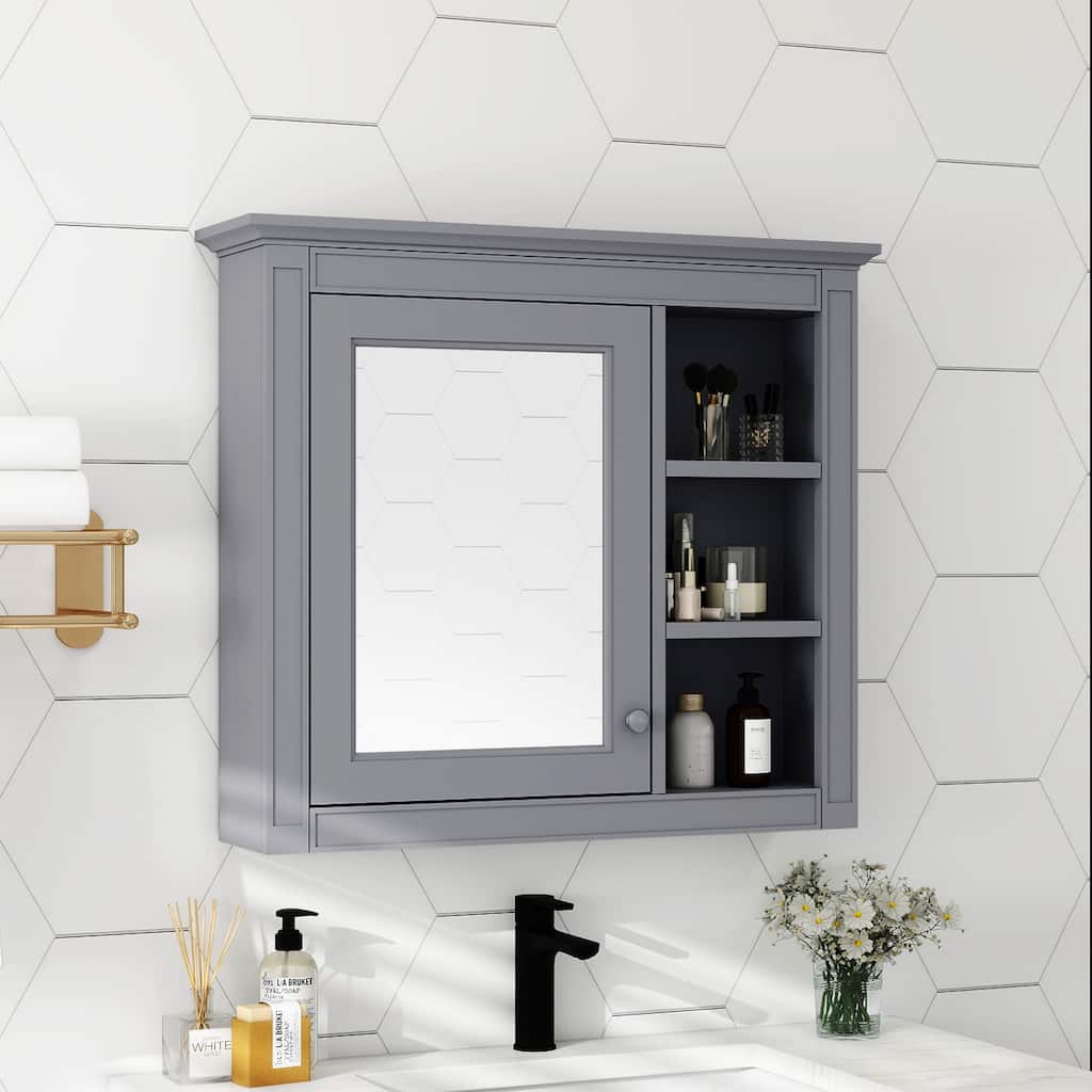 GDFStudio - Trellen Modern Wall-Mounted Bathroom Storage Cabinet with Mirror and 3 Open Shelves (No Bathroom Vanity) - 29.92"W