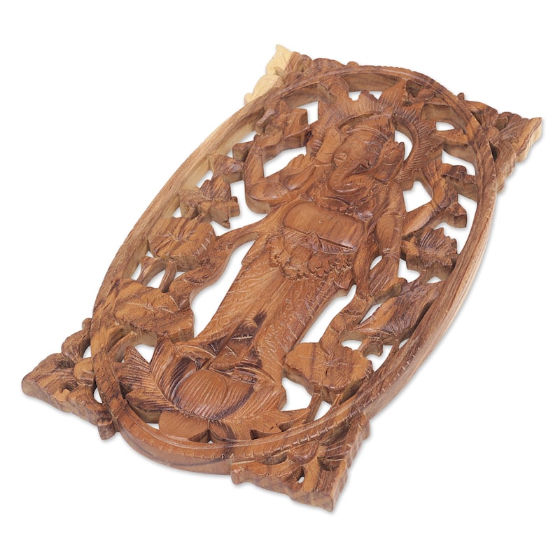 Novica Handmade Ganesha Standing Wood Relief Panel
