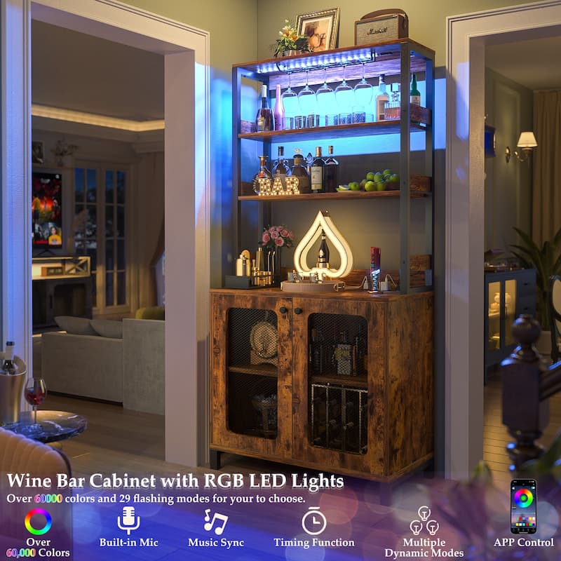 66.9'' Tall Modern Wine Cabinet Bar Cabinet with Wine Glasses Rack and LED Strip and Power Outlets