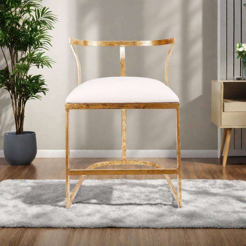 Distressed Gold Iron Accent Chair with White Upholstered Seat - Gold