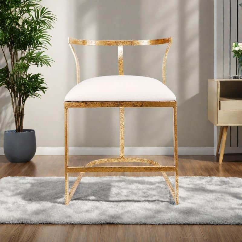 Distressed Gold Iron Accent Chair with White Upholstered Seat