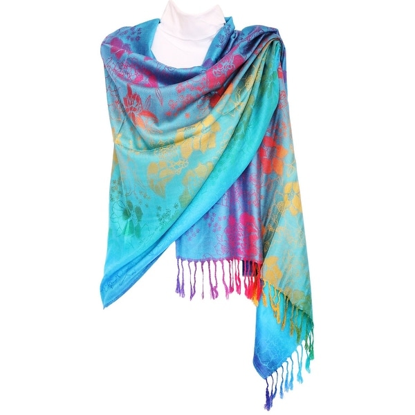 Pashmina Wrap Shawl Scarf Double Side Rainbow Silky Exotic Tropical Colorful - 28"x70" with fringes