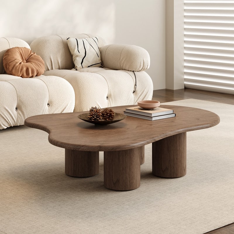 47.24" Mid Century Coffee Table, Solid Wood Texture with Could Shaped, Brown