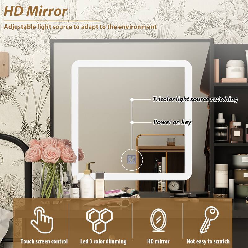 Makeup Vanity Set with Stool and 3 Color Touching Mirror Dresser Table - 39.4"W