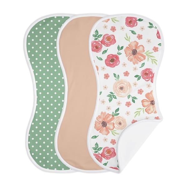 slide 2 of 6, Watercolor Floral Collection Absorbent Burp Cloths 3 Pack Set Peach Pink Green and White Boho Shabby Chic Rose Flower Farmhouse