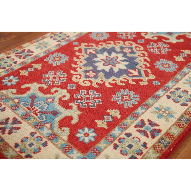 Red Geometric Kazak Foyer Rug Hand-Knotted Traditional Wool Carpet - 2'0" x 3'0"
