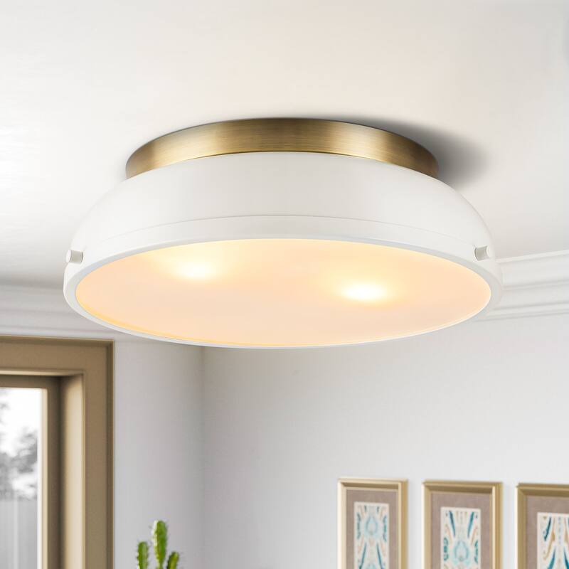 2-Light Modern Industrial Bright White/ Aged Bronze Frosted Glass Cone Dome Flush Mount Lights - 14.2 in. W x 4.3 in. H