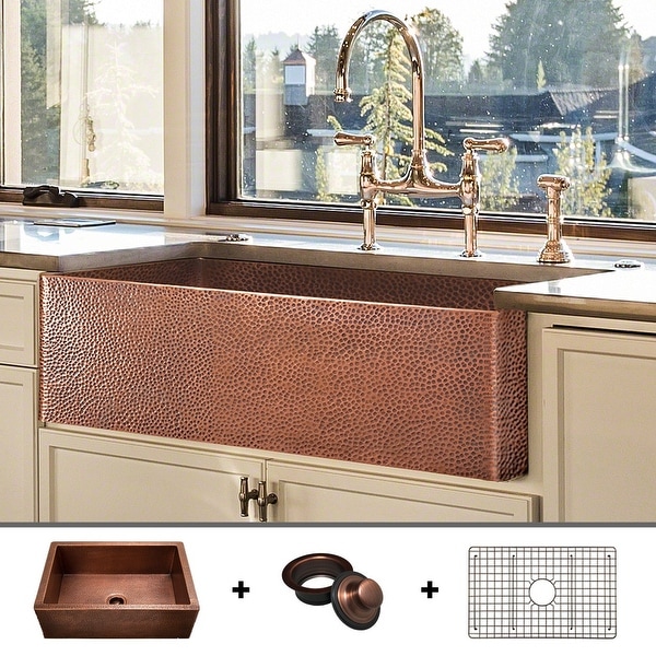 Heavy 12-GAUGE Luxury 33-Inch Copper Farmhouse Sink (52 LBS of Pure Copper), Includes Grid and Flange, by Fossil Blu - 33 x 20. Opens flyout.