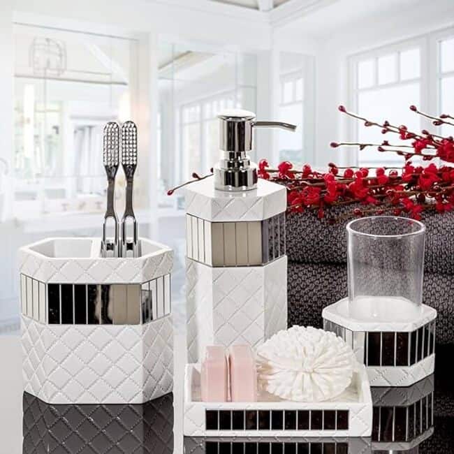 Creative Scents Quilted Mirror White Bathroom Tumbler Holder with Glass Decorative Rinse Cup for Water