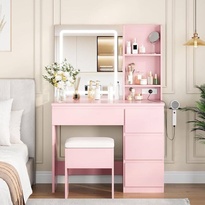 4 Drawers Vanity Desk with Power Outlet, Stool, Mirror and LED Light - Pink