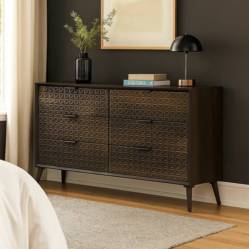 Fel Wide Dresser, 6 Drawers, Dark Brown Wood, Black