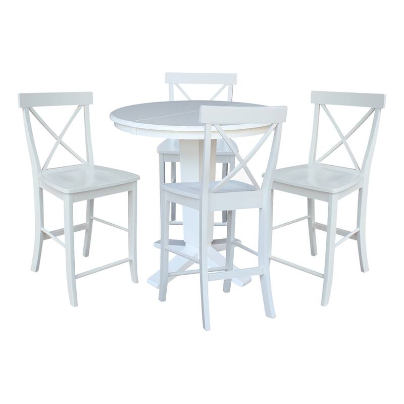 36 in Round Counter Height Extension Dining Table with 12 in Leaf and Stools - 5-Piece - White