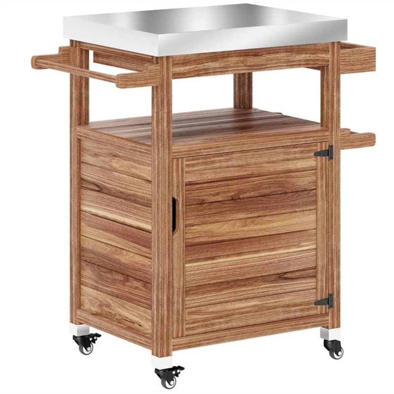 Brown Solid Wood Grill Cart with Stainless-Steel Top-Drawer Spice Rack Towel Holder Cabinet and Swivel Casters 33 Inch