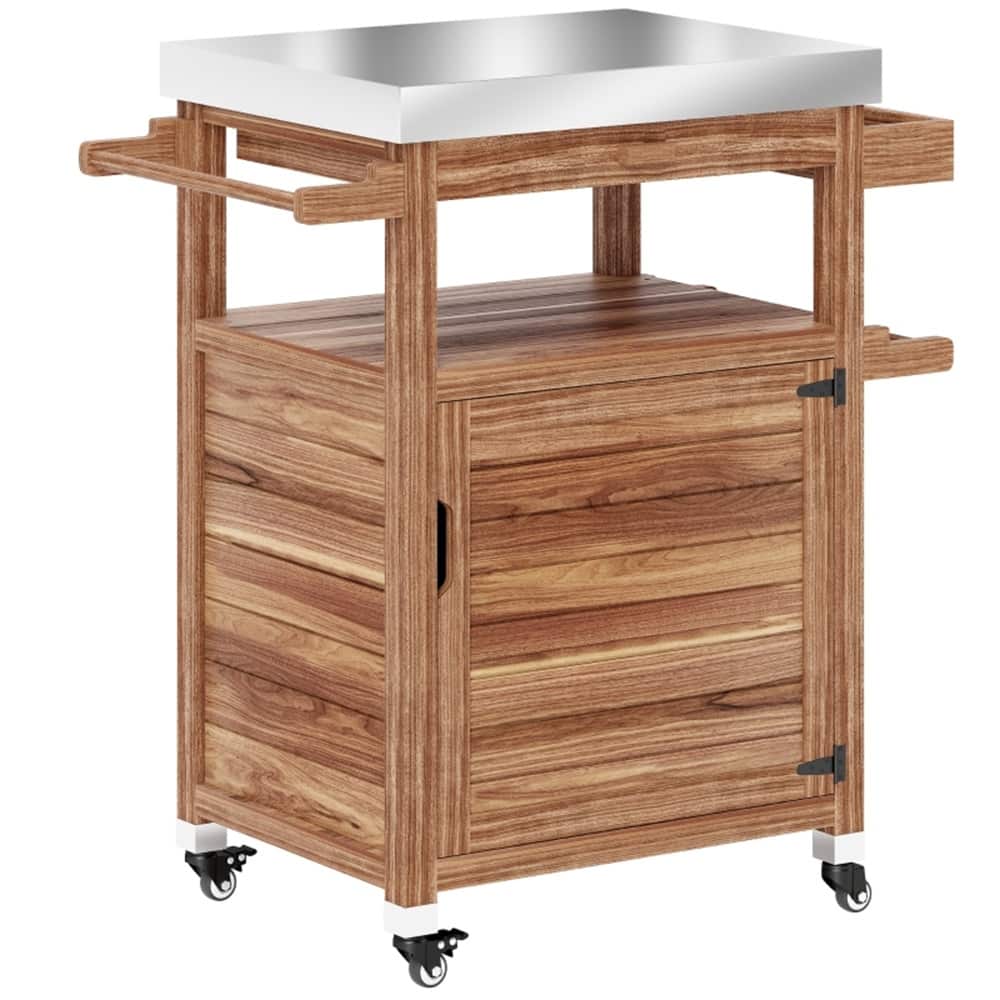 Brown Solid Wood Grill Cart with Stainless-Steel Top-Drawer Spice Rack Towel Holder Cabinet and Swivel Casters 33 Inch