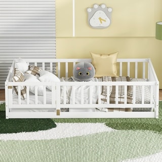 Multi-function Design Wood Floor Bed with Fence and Door for Kids, Full Size, White