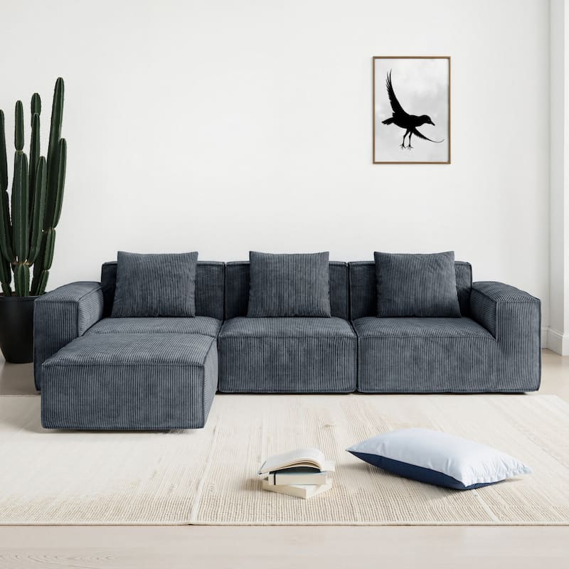 118 inch Modular Sofa Convertible Oversized Sofa Bed Corduroy Velvet 3 Person with Footrest Gray