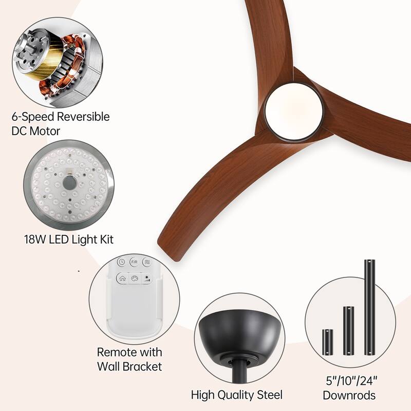 Sofucor 52 Inch Ceiling Fan with Light Remote Control,Airflow 6000CFM 3-Timer with ABS 3 Blades Reversible DC Motor