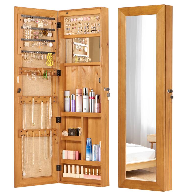 Solid Wood Jewelry Armoire Organizer Cabinet with Full-Length Mirror, 47.5x14.3 in Wall-Mounted Lockable with LED Light