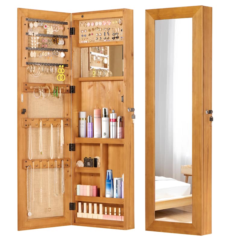 Wall-Mounted Solid Wood Jewelry Cabinet with Full-Length Mirror, 47.5x14.3 Inch, Lockable Organizer with LED Lighting‌.
