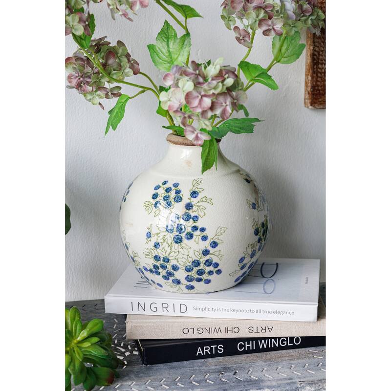 7.9x7.9x7.9" White Ceramic Vase With Blue Berry Motif - Multicolor