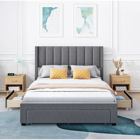 Queen Size Grey Upholstered Platform Bed with Drawers