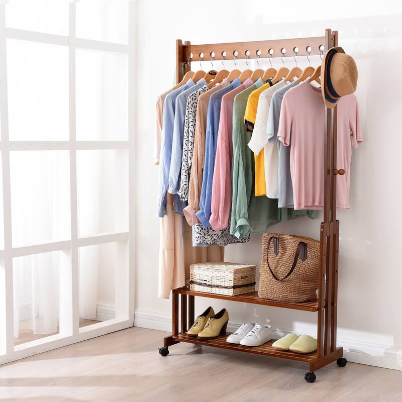 Solid Wood Clothes Rack with Storage Mesh Shelf & Casters - 35.4"L x 13"W x 65.4"H