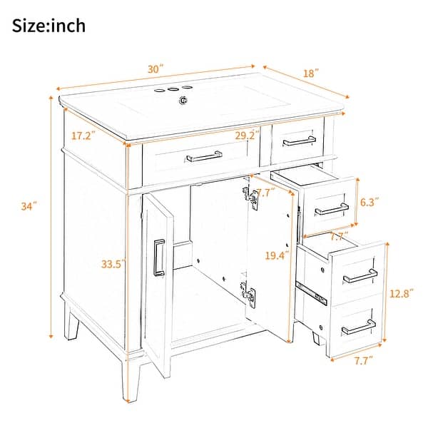 dimension image slide 4 of 8, Homy Casa 30 in. Bathroom Vanity with Ceramic Sink, Free-Standing Storage Cabinet with 2 or 3 Drawers