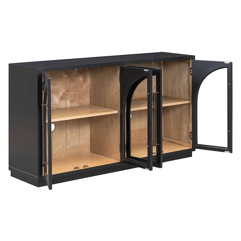 4-Door Large Storage Buffet Cabinet with Glass Doors and Adjustable Shelves - Black