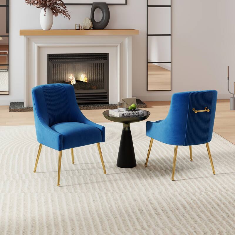 SEYNAR Modern Glam Boucle Pleated Velvet Dining Chair or Vanity Chair Set of 2 with Rear Handle - Navy