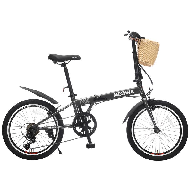 Folding City Commuter Bike - Steel Frame, Multiple Speeds, Basket, Phone Holder, Fenders, Dual V-Brake - 20
