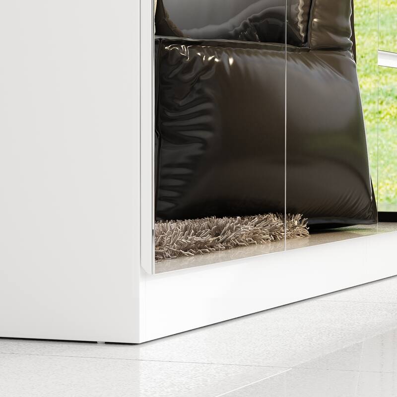 Modern Mirrored Wardrobe Armoire with Hanging Rod White Bedroom Storage Cabinet, Freestanding Closet Organizer
