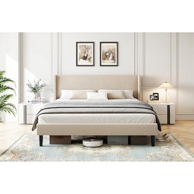 Queen Bed Frame with Headboard, Modern Upholstered Platform Bed in Linen Fabric, Mattress Foundation